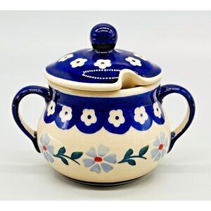 Polish Pottery Boleslawiec Sugar Bowl Lid Forget Me Not Peacock Pattern Poland